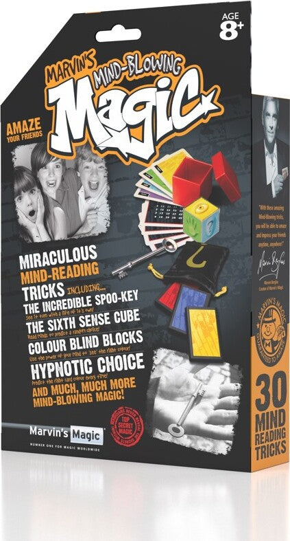 30 Miraculous Mind-Reading Tricks by Marvin's Magic, featuring a colorful box design with various magic props like cards, blocks, and a cube, aimed at ages 8 and up. The front displays the title prominently, while the back lists included tricks such as the Incredible Spoo-Key and Colour Blind Blocks, perfect for entertaining friends and family.
