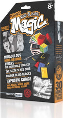 30 Miraculous Mind-Reading Tricks by Marvin's Magic, featuring a colorful box design with various magic props like cards, blocks, and a cube, aimed at ages 8 and up. The front displays the title prominently, while the back lists included tricks such as the Incredible Spoo-Key and Colour Blind Blocks, perfect for entertaining friends and family.