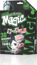 The packaging of '30 Incredible Card Tricks' by Marvin's Magic showcases vibrant green and black colors. The cover features the title prominently, with images of playing cards and an illustration of a magician's hand performing a trick. The product promises amusing and mind-blowing card tricks suitable for beginners and enthusiasts alike, appealing to aspiring magicians of all ages.