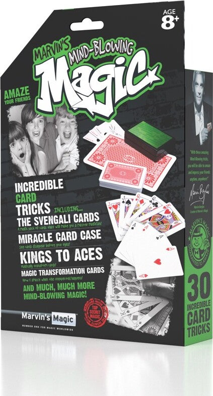 A boxed set titled '30 Incredible Card Tricks' created by Marvin's Magic. The packaging features colorful images of various trick cards and magic props, appealing to aspiring magicians. It highlights tricks like the Svengali Cards and Miracle Card Case, and mentions an age recommendation of 8+. The design includes vibrant graphics and enthusiastic expressions from viewers, emphasizing fun and entertainment.
