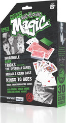 A boxed set titled '30 Incredible Card Tricks' created by Marvin's Magic. The packaging features colorful images of various trick cards and magic props, appealing to aspiring magicians. It highlights tricks like the Svengali Cards and Miracle Card Case, and mentions an age recommendation of 8+. The design includes vibrant graphics and enthusiastic expressions from viewers, emphasizing fun and entertainment.