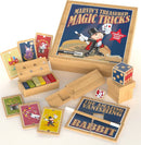 Marvin's Treasured Magic Tricks Wooden Set by Marvin's Magic, featuring colorful magic trick props including cards, blocks, and a magician's wand, all housed in a stylish wooden box. Perfect for aspiring magicians of all ages.