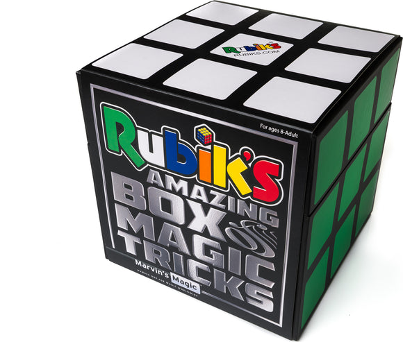 Rubik's Cube Magic Set by Marvin's Magic, featuring a sleek black box with vibrant Rubik's logo, showcasing its amazing box of magic tricks. Ideal for ages 8 and up.
