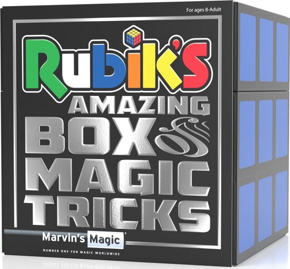 Rubik's Cube Magic Set by Marvin's Magic features vibrant packaging with colorful text detailing 'Amazing Box Magic Tricks.' The set is suitable for ages 8 and up, combining fun puzzles with magic tricks for an engaging experience.
