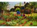 painted image of a garden in front of a wooden house