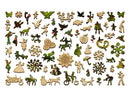 wooden jigsaw pieces shaped like plants and 19th century people