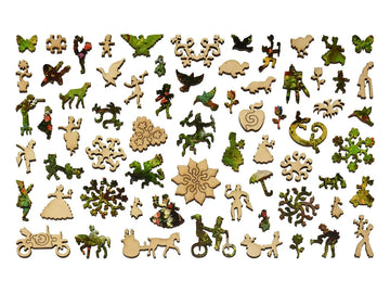 wooden jigsaw pieces shaped like plants and 19th century people