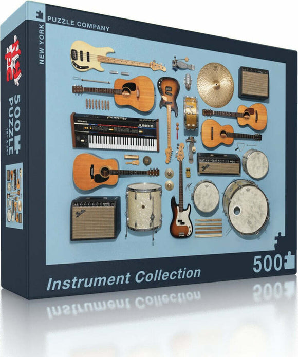 Instrument Collection jigsaw puzzle by New York Puzzle Company featuring a detailed arrangement of various musical instruments such as guitars, drums, and keyboards, designed for puzzle enthusiasts. This 500-piece puzzle showcases a colorful and artistic representation of musical elements, perfect for music lovers and puzzle fans alike.