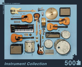 This 500-piece jigsaw puzzle from New York Puzzle Company features an artistic arrangement of various musical instruments. The design includes electric guitars, acoustic guitars, a keyboard, drums, cymbals, and amplifiers, all displayed against a soft blue background. Ideal for music lovers and puzzle enthusiasts, it showcases the beauty of instrumentation in a playful and engaging way.