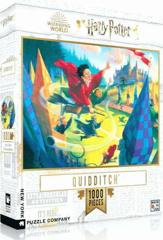 Quidditch jigsaw puzzle by New York Puzzle Company featuring vibrant artwork inspired by the Harry Potter series. This 1000-piece puzzle showcases a dynamic scene with characters flying on broomsticks in a whimsical setting. Perfect for fans of all ages, it offers a fun and engaging way to celebrate the world of Harry Potter.