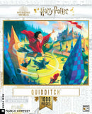 A colorful jigsaw puzzle featuring a lively Quidditch match from the Harry Potter universe. The scene shows Harry Potter in mid-flight on his broomstick, reaching out for a golden snitch. Surrounding players and the iconic Hogwarts castle provide a magical backdrop. The puzzle contains 1000 pieces.