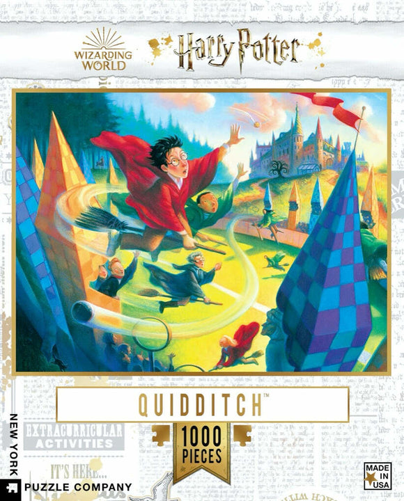 A colorful jigsaw puzzle featuring a lively Quidditch match from the Harry Potter universe. The scene shows Harry Potter in mid-flight on his broomstick, reaching out for a golden snitch. Surrounding players and the iconic Hogwarts castle provide a magical backdrop. The puzzle contains 1000 pieces.
