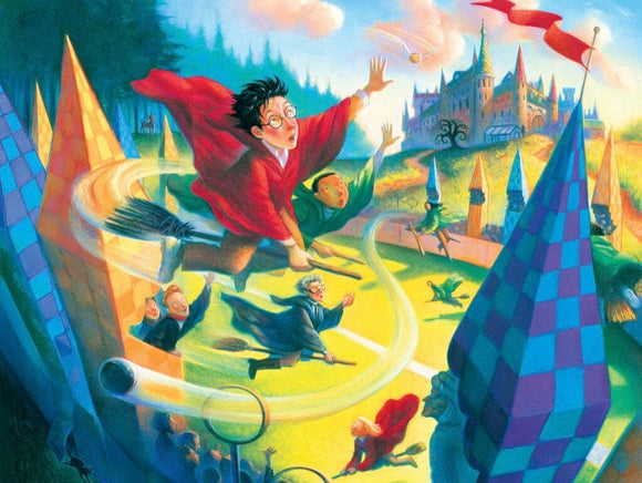A vibrant illustration of a Quidditch match featuring a character flying on a broomstick, chasing a golden snitch. Surrounding figures are depicted in energetic postures, with whimsical Hogwarts castle and colorful goal posts in the background, creating a lively and magical atmosphere.