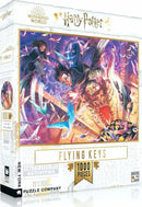 Flying Keys jigsaw puzzle featuring a vibrant illustration from the Wizarding World of Harry Potter. The image depicts Harry Potter and Hermione Granger surrounded by magical flying keys in a dynamic scene. The puzzle contains 1000 high-quality pieces that promise an engaging challenge for fans.