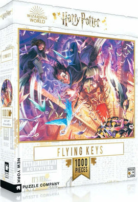 Flying Keys jigsaw puzzle featuring a vibrant illustration from the Wizarding World of Harry Potter. The image depicts Harry Potter and Hermione Granger surrounded by magical flying keys in a dynamic scene. The puzzle contains 1000 high-quality pieces that promise an engaging challenge for fans.