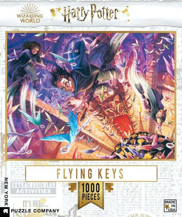 A colorful jigsaw puzzle titled 'Flying Keys' featuring a dynamic scene from the Harry Potter universe. The artwork depicts a flurry of flying keys amidst a vibrant background, with characters in cloaks engaged in an adventurous chase. The puzzle consists of 1000 pieces and showcases whimsical imagery that captures the magical essence of the Wizarding World.