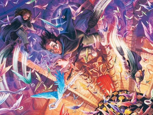 A colorful and whimsical jigsaw puzzle featuring flying keys in a magical setting. The illustration depicts characters on broomsticks amidst a flurry of vibrantly colored keys with wings, set against a mystical stone backdrop. This enchanting scene captivates the essence of adventure and magic, perfect for puzzle enthusiasts.