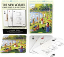 Fine Arts Cartoon Cards from New York Puzzle Company featuring unique New Yorker magazine illustrations. The deck showcases poker-sized cards with distinct cartoons, including a scenic outdoor gathering and playful humor in each card's design.