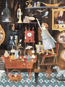 A colorful illustration for the Vintage Shop jigsaw puzzle by New York Puzzle Company. The artwork features a whimsical vintage shop filled with various antique items, including a birdcage, trumpet, clock, and elegant vases. A woman in a patterned dress reaches towards a shelf displaying charming collectibles, surrounded by a cozy, artistic atmosphere.