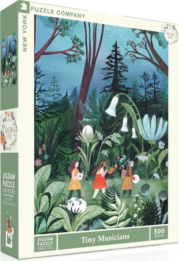 The Tiny Musicians jigsaw puzzle by New York Puzzle Company features a vibrant illustration of three girls playing musical instruments amidst a lush, green forest. The artwork showcases various plants and flowers, creating a whimsical and enchanting scene, perfect for puzzle enthusiasts. It comes in a sturdy box designed for easy storage.