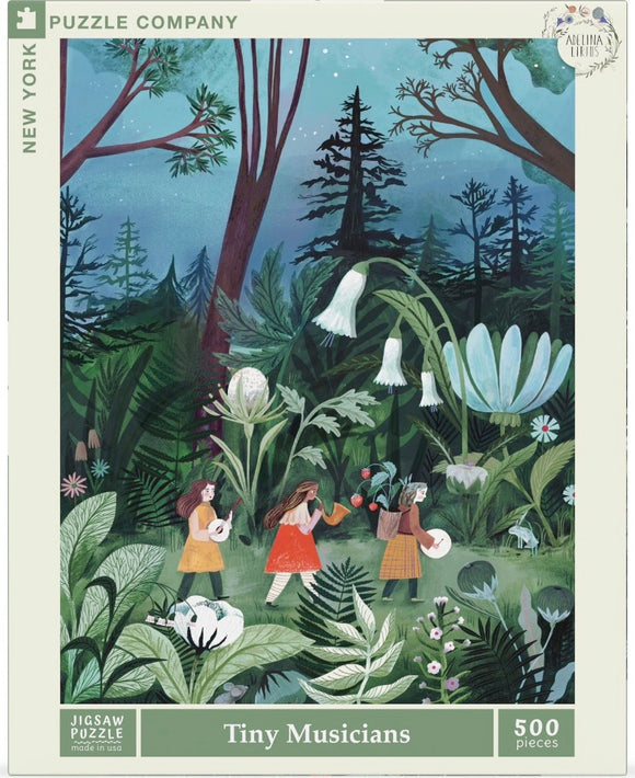 A colorful jigsaw puzzle box titled 'Tiny Musicians' by New York Puzzle Company. The artwork depicts three young musicians walking through a lush forest filled with vibrant greenery and whimsical flowers, creating a serene, magical atmosphere. The puzzle consists of 500 pieces and showcases intricate details and playful characters.