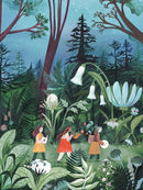 A whimsical jigsaw puzzle illustration titled 'Tiny Musicians' featuring three girls walking through a lush forest. One girl wears an orange dress and plays a horn, another carries a basket of strawberries, and the third plays a small banjo. They are surrounded by vibrant green plants and colorful flowers under a starry night sky, evoking a sense of adventure and harmony with nature.