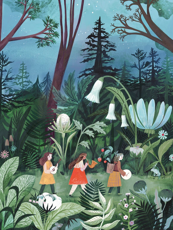 A whimsical jigsaw puzzle illustration titled 'Tiny Musicians' featuring three girls walking through a lush forest. One girl wears an orange dress and plays a horn, another carries a basket of strawberries, and the third plays a small banjo. They are surrounded by vibrant green plants and colorful flowers under a starry night sky, evoking a sense of adventure and harmony with nature.