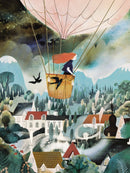 A whimsical jigsaw puzzle titled 'On a Voyage' by New York Puzzle Company, featuring a colorful illustration of a girl in a hot air balloon flying over lush green hills and quaint houses, with a dramatic sky in the background.
