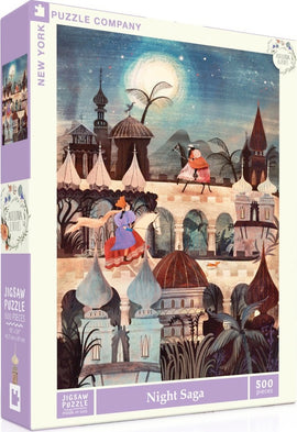 Night Saga is a 500-piece jigsaw puzzle by New York Puzzle Company, featuring an enchanting nighttime landscape. It showcases vibrant colors and whimsical characters against a moonlit sky, perfect for puzzle enthusiasts looking for a captivating challenge.