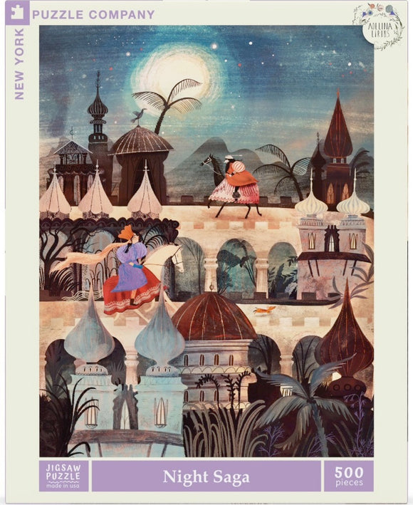 A 500-piece jigsaw puzzle titled 'Night Saga' by New York Puzzle Company. The artwork features a whimsical scene with characters in vibrant attire riding through a fantastical landscape filled with domed buildings and palm trees under a moonlit sky.