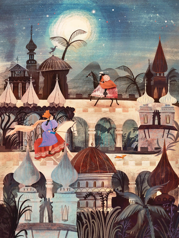 Night Saga jigsaw puzzle featuring a beautifully illustrated scene. The artwork depicts whimsical architecture with domes and spires under a night sky, where a horse rider in colorful attire traverses the landscape, surrounded by palm trees and intricate details. Perfect for puzzle enthusiasts looking for captivating imagery and a fun challenge.