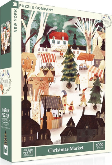 Christmas Market jigsaw puzzle by New York Puzzle Company, featuring a colorful illustration of a festive market scene with charming houses, snow-covered trees, and cheerful characters. This 1000-piece puzzle captures the spirit of the holiday season, perfect for family gatherings or cozy evenings.