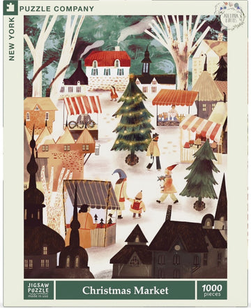 CHRISTMAS MARKET jigsaw puzzle by New York Puzzle Company featuring a whimsical illustration of a winter market scene with colorful stalls, pine trees, and festive characters. The puzzle contains 1000 pieces, perfect for holiday fun and family gatherings.