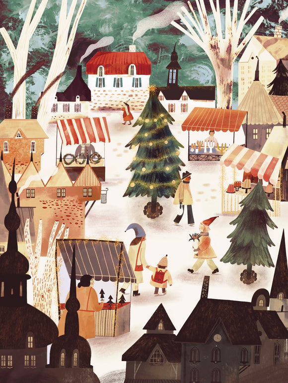 A colorful, festive jigsaw puzzle scene depicting a charming Christmas market bustling with activity. In the foreground, people stroll amongst decorated stalls selling goods, surrounded by quaint buildings and holiday decorations such as a Christmas tree. The atmosphere is vibrant with smoky chimneys and joyful figures wearing winter attire, creating a whimsical holiday ambiance.