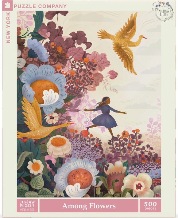 A vibrant jigsaw puzzle box titled 'Among Flowers' by New York Puzzle Company featuring a whimsical illustration of a girl dancing among colorful flowers and birds. The puzzle contains 500 pieces and showcases a beautiful blend of floral elements in various shades alongside a serene landscape.