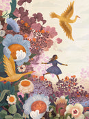 A whimsical jigsaw puzzle titled 'Among Flowers' by New York Puzzle Company. The artwork features a girl in a blue dress joyfully balancing on colorful flowers and surrounded by lush floral elements and a golden bird in flight. The vibrant colors and nature theme promote a sense of tranquility and playfulness.