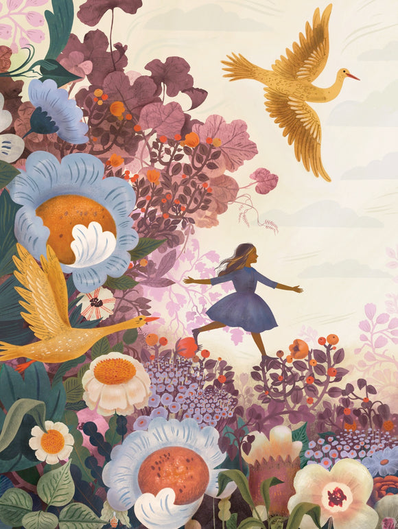 A whimsical jigsaw puzzle titled 'Among Flowers' by New York Puzzle Company. The artwork features a girl in a blue dress joyfully balancing on colorful flowers and surrounded by lush floral elements and a golden bird in flight. The vibrant colors and nature theme promote a sense of tranquility and playfulness.