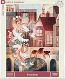Jigsaw puzzle titled 'Freedom' by New York Puzzle Company featuring a vibrant artwork with colorful birds and two girls leaning over a bridge. The illustration is whimsical and full of floral elements, showcasing a serene urban landscape. It is a 1000-piece jigsaw puzzle, perfect for both relaxation and challenge.