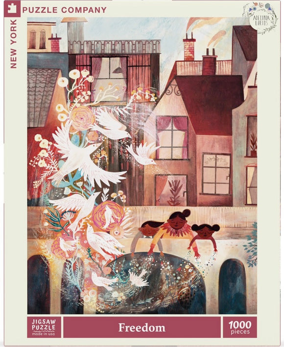 Jigsaw puzzle titled 'Freedom' by New York Puzzle Company featuring a vibrant artwork with colorful birds and two girls leaning over a bridge. The illustration is whimsical and full of floral elements, showcasing a serene urban landscape. It is a 1000-piece jigsaw puzzle, perfect for both relaxation and challenge.