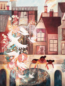 A vibrant jigsaw puzzle artwork titled 'Freedom' by New York Puzzle Company, depicting two children tossing flowers into a shimmering body of water, surrounded by whimsical birds and a charming urban landscape with cozy houses and blooming flora.