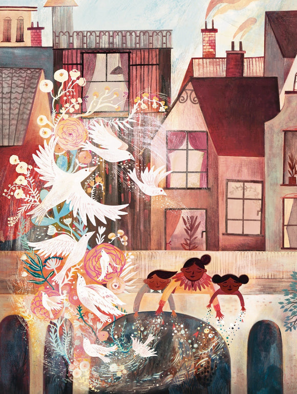 A vibrant jigsaw puzzle artwork titled 'Freedom' by New York Puzzle Company, depicting two children tossing flowers into a shimmering body of water, surrounded by whimsical birds and a charming urban landscape with cozy houses and blooming flora.