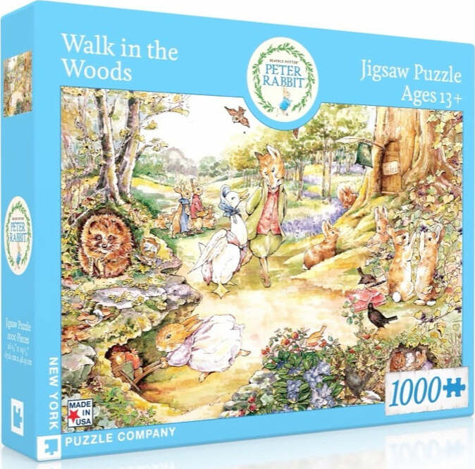 A jigsaw puzzle box titled 'Walk in the Woods' by New York Puzzle Company. The design features whimsical illustrations of Peter Rabbit and friends in a serene woodland setting, surrounded by lush greenery and playful animals. Suitable for ages 13 and up, this 1000-piece puzzle promises hours of engaging fun for puzzle enthusiasts.