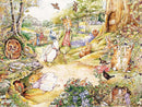 A colorful jigsaw puzzle featuring a whimsical woodland scene with adorable animals. The illustration includes rabbits, a duck, and a hedgehog, among vibrant flowers and trees, capturing the essence of a magical forest adventure.