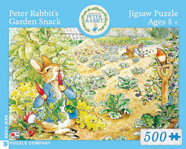 A colorful jigsaw puzzle featuring Peter Rabbit in a lush garden, munching on radishes. The artwork depicts a vibrant scene with vegetables, a gardener, and a bird, inviting creativity and joy to all puzzle enthusiasts.