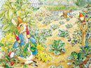 A colorful jigsaw puzzle featuring Peter Rabbit in a lush garden setting. Peter, dressed in a blue coat, is happily holding radishes while sitting among green leafy vegetables. In the background, a gardener is seen tending to the plants, and a robin perches on a shovel, adding charm to the garden scene. The illustration captures the vibrancy of nature and the whimsical character of Peter Rabbit, making it a delightful puzzle for all ages.