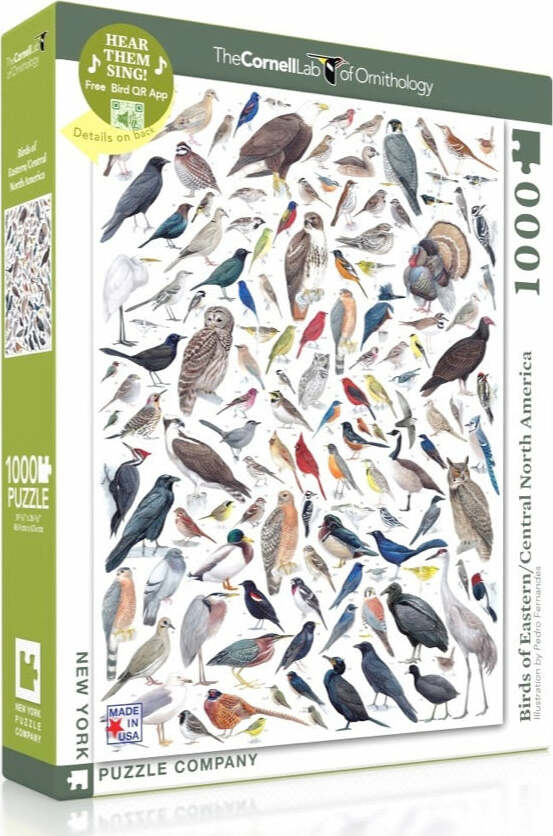 A 1000-piece jigsaw puzzle titled 'Birds of Eastern/Central North America' by New York Puzzle Company. The box features a colorful illustration of various bird species including songbirds, raptors, and waterfowl, showcasing their vibrant plumage and distinctive features. Includes a QR code for an app that plays bird songs.