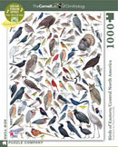 A vibrant jigsaw puzzle featuring an illustration of various birds found in Eastern and Central North America. The image showcases over 100 different bird species, each meticulously detailed, arranged in a colorful display that's both educational and engaging. The puzzle from New York Puzzle Company includes 1000 pieces and comes with a QR code for a free bird song app. Made in the USA.