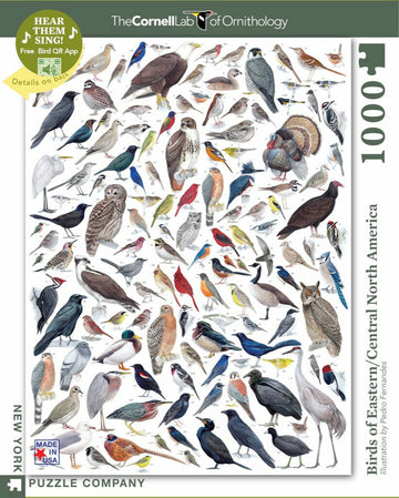 A vibrant jigsaw puzzle featuring an illustration of various birds found in Eastern and Central North America. The image showcases over 100 different bird species, each meticulously detailed, arranged in a colorful display that's both educational and engaging. The puzzle from New York Puzzle Company includes 1000 pieces and comes with a QR code for a free bird song app. Made in the USA.