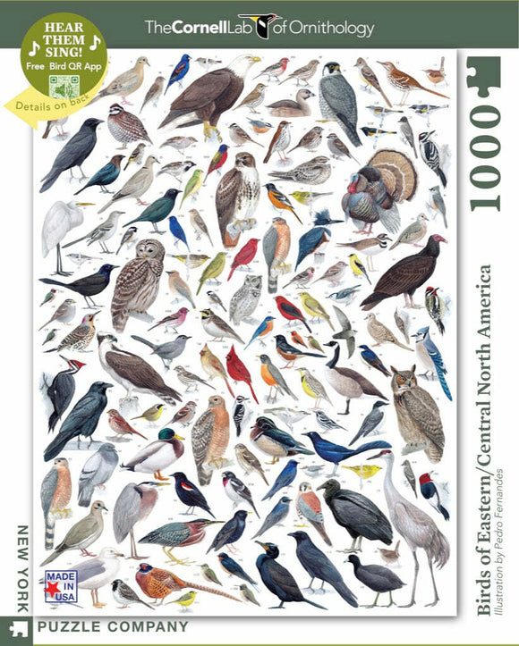 A vibrant jigsaw puzzle featuring an illustration of various birds found in Eastern and Central North America. The image showcases over 100 different bird species, each meticulously detailed, arranged in a colorful display that's both educational and engaging. The puzzle from New York Puzzle Company includes 1000 pieces and comes with a QR code for a free bird song app. Made in the USA.