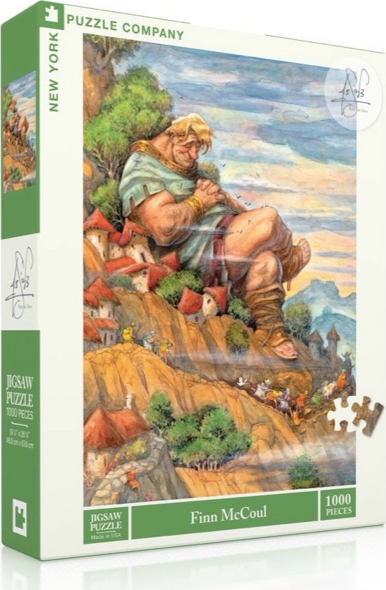 Finn McCoul jigsaw puzzle box by New York Puzzle Company featuring a colorful illustration of the giant Finn McCoul sitting on a hillside with small houses below. The box displays that it contains 1000 pieces.